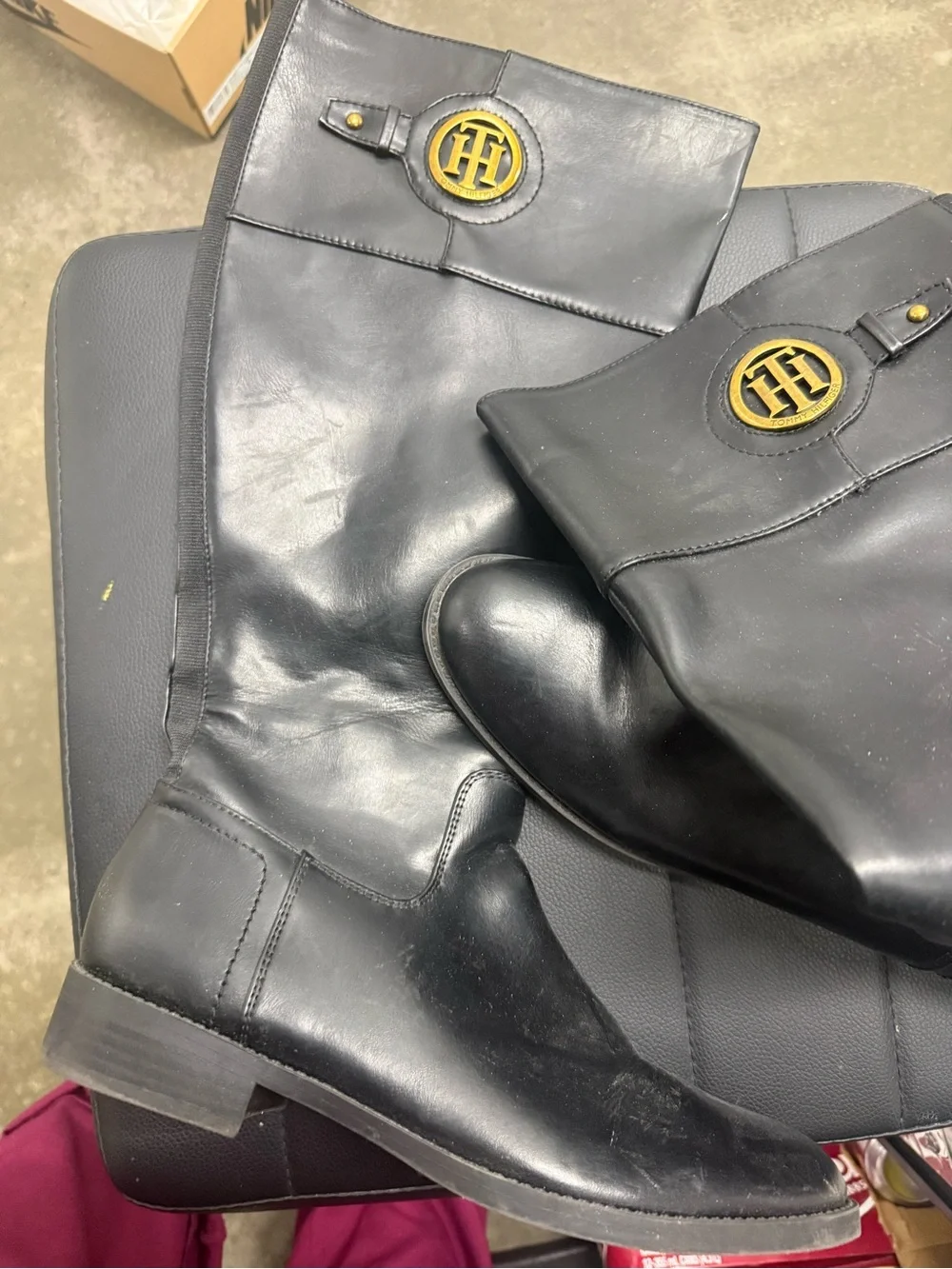 Tommy Hilfiger Black Leather Over-the-Knee Boots with Gold Logo Accent